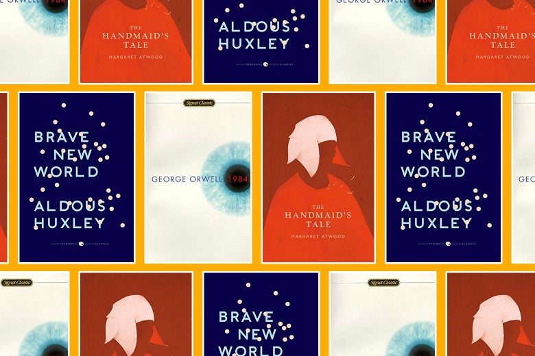 Collage of dystopian novels: 1984, The Handmaid’s Tale, and Brave New World.